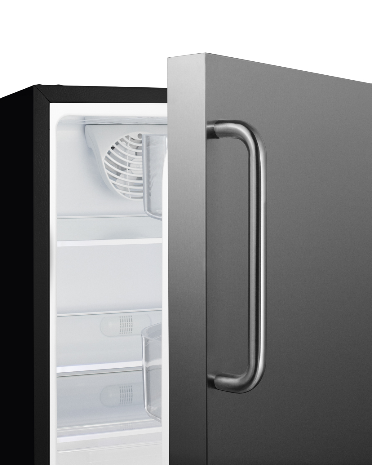 Built-in undercounter ADA compliant residential all-refrigerator with stainless steel door, black cabinet, and towel bar handle, with door storage and automatic defrost operation